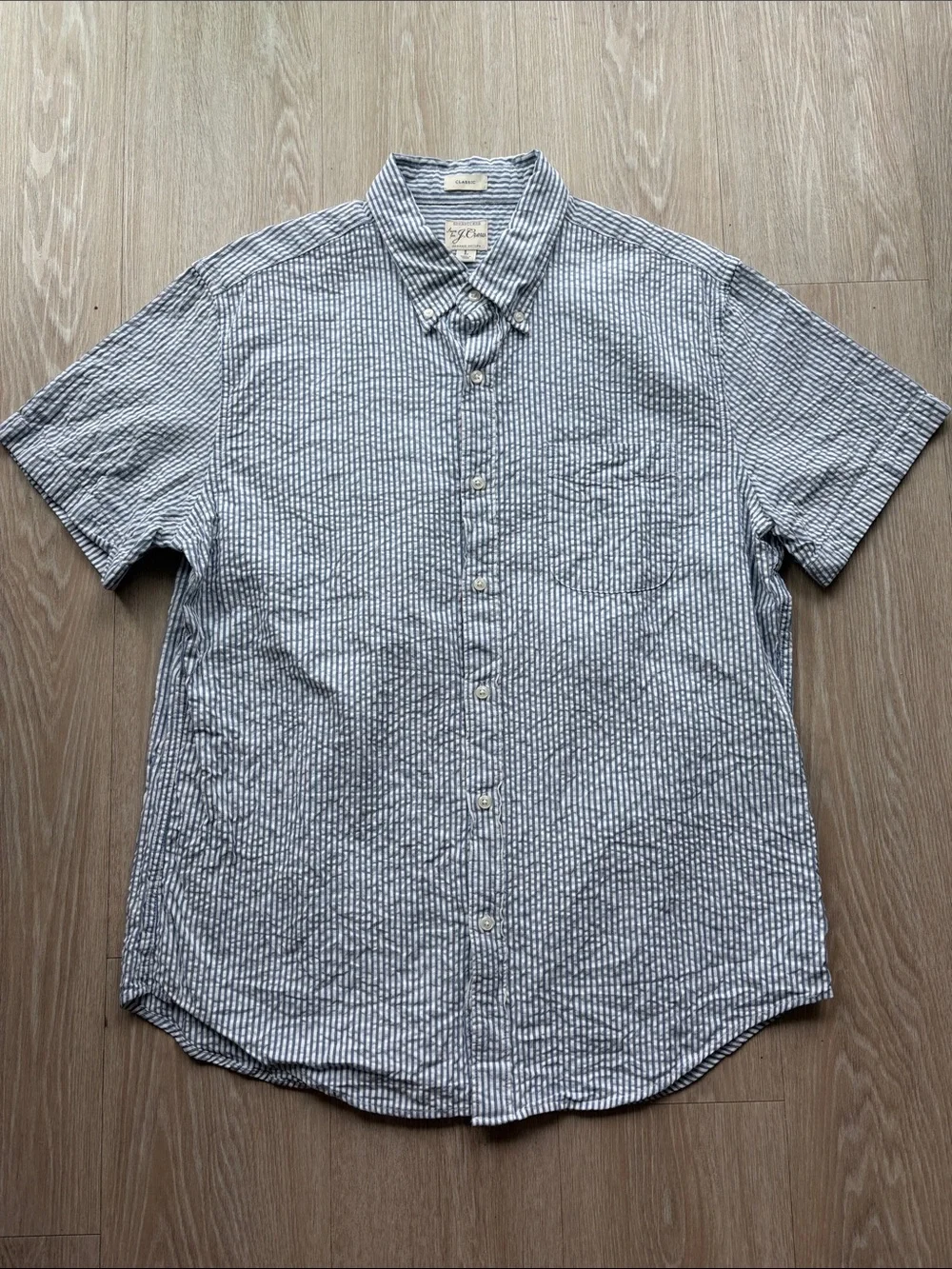 J Crew Short-Sleeve Button-Down Shirt in Blue and White Stripe